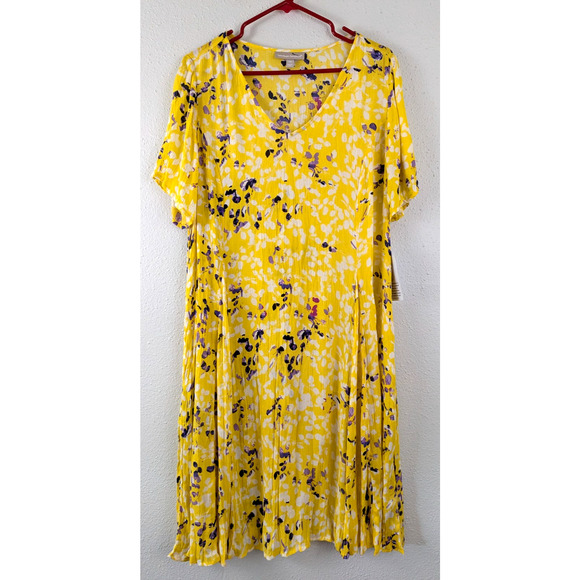 New Woman Within sz 18W Midi Shift Dress crinkly bright yellow print ss 1669 - Picture 1 of 6